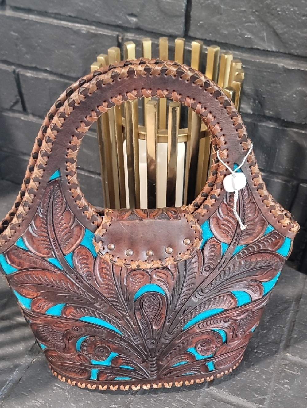 Vintage Handcrafted Tooled Leather Tote Bag in Brown and Turquoise - Picture 4 of 6